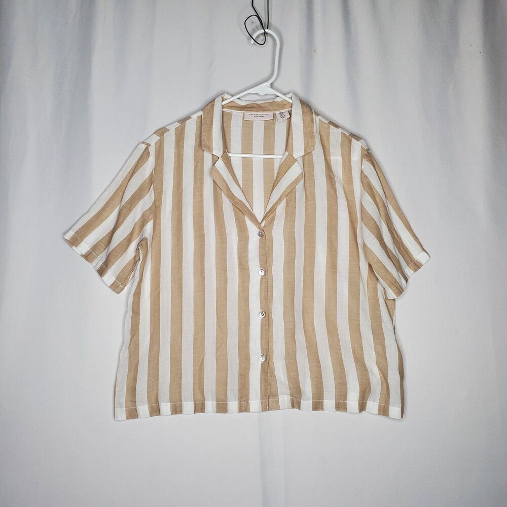 Sincerely Jules Top Pants Set Womens Medium Gauze Beige White Stripe Button